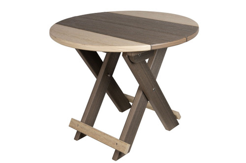 Poly outdoor furniture, round folding end table in coastal gray and birchwood.