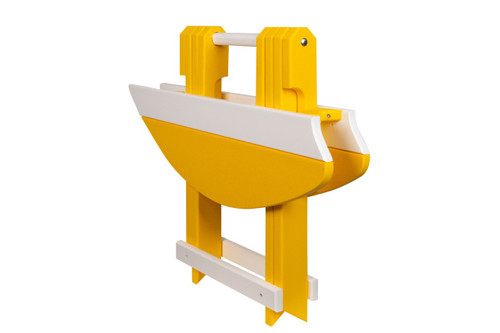 Amish crafted poly outdoor furniture, folding surfboard end table in yellow and white, folded.