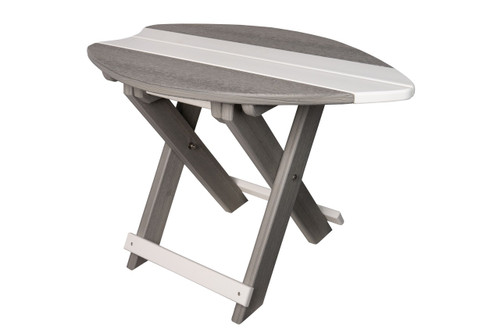 Amish crafted poly outdoor furniture, folding surfboard end table in driftwood and white.