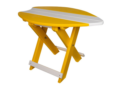 Amish crafted poly outdoor furniture, folding surfboard end table in yellow and white.