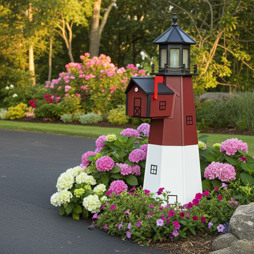 Poly lighthouse with mailbox, amish crafted, pictured in flowerbed beside road.