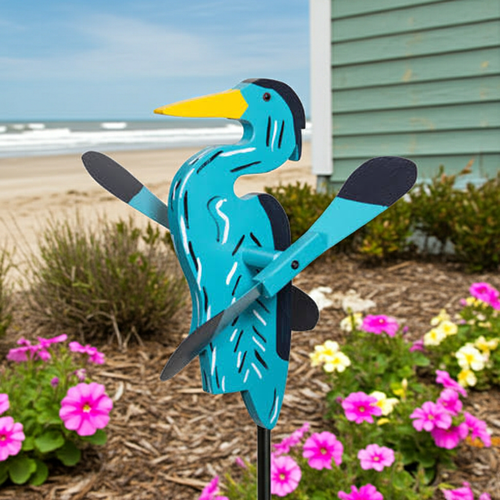 Amish handcrafted lawn decor whirlygig garden stake - Blue Heron, pictured at beach house