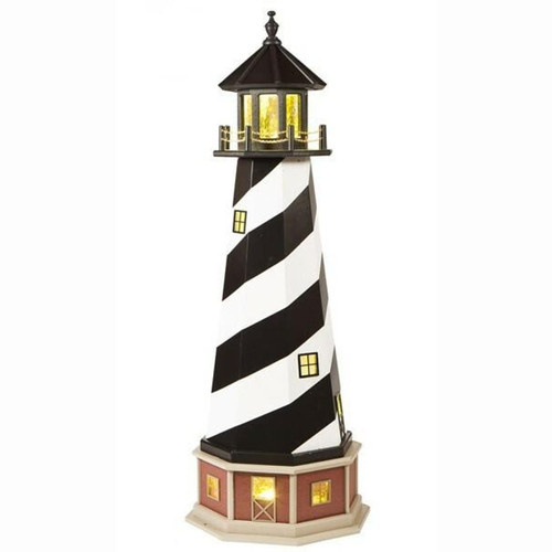 Amish made Cape Hatteras replica garden lighthouse finished in black and white tower and cherrywood with weatherwood base, 5 foot with base, with base lighting.