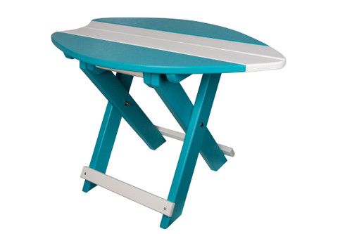 Amish handcrafted poly outdoor furniture, surfboard style folding end table, finished in aruba blue and white