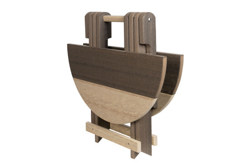Amish crafted poly outdoor furniture, round folding end table folded in coastal gray and birchwood.