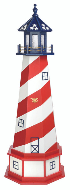 Amish crafted patriotic style garden lighthouse made from AZEK® PVC. Features a Red, white, and blue finish and spiral stripe in 5 foot with base model.