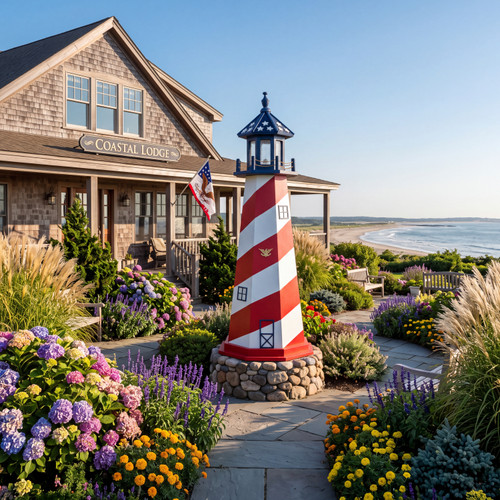 Patriotic style PVC garden lighthouse in flowerbed at coastal lodge.