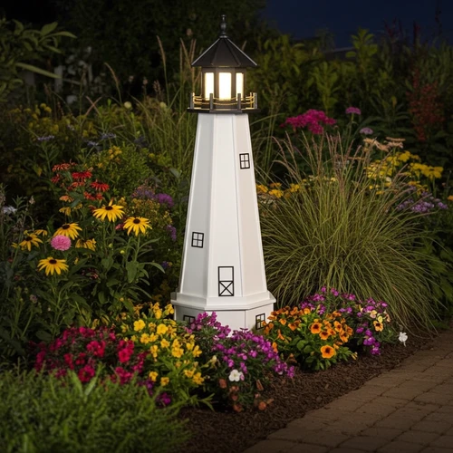 Amish crafted black and white cape cod style poly garden lighthouse pictured along garden path
