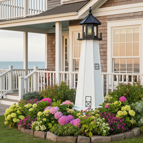 Amish crafted black and white cape cod style poly garden lighthouse pictured at beachhouse