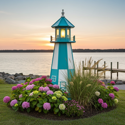 Amish crafted Cape Henry style premium poly garden lighthouse pictured in aruba blue and white by a dock at sunset