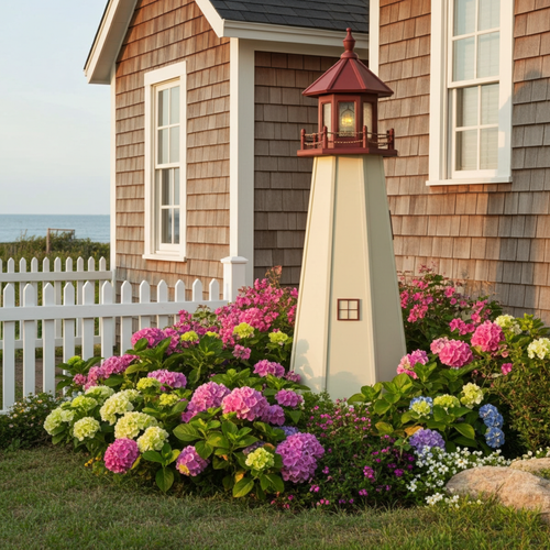 Amish made Cape May replica poly garden lighthouse pictured in beach house flower bed