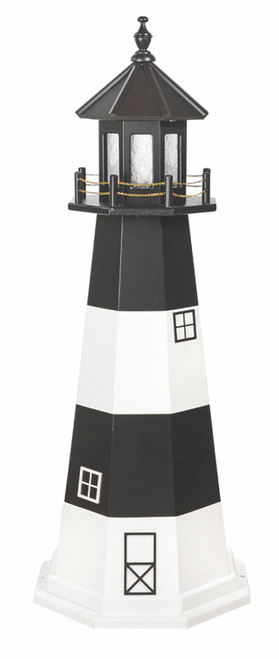 Amish crafted Fire Island replica poly garden lighthouse pictured in black and white, 5 foot model.