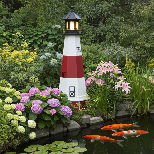 Amish crafted poly garden lighthouse, Montauk, NY model, in black, cherrywood, white, pictured by a koi pond