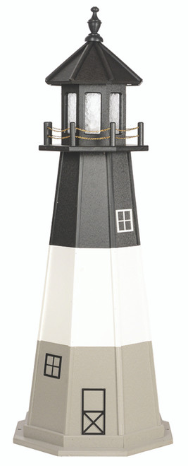 Amish crafted Oak Island replica poly garden lighthouse pictured in black, white, and gray, 5 foot model.