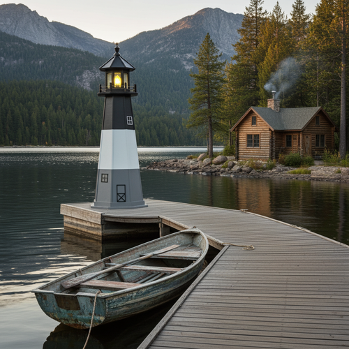 Amish made poly garden lighthouse in Oak Island model, pictured on dock at mountain lake with cabin.