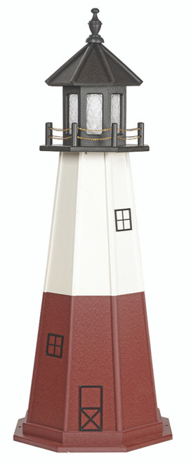 Amish crafted Vermillion replica poly garden lighthouse pictured in black, white, and cherrywood, 5 foot model.