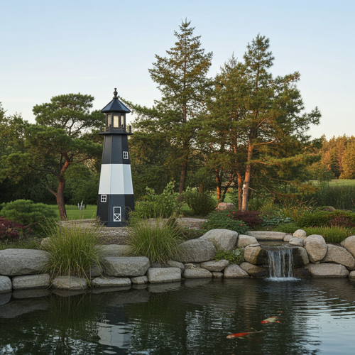 Amish made poly garden lighthouse in Tybee Island model, pictured beside koi pond