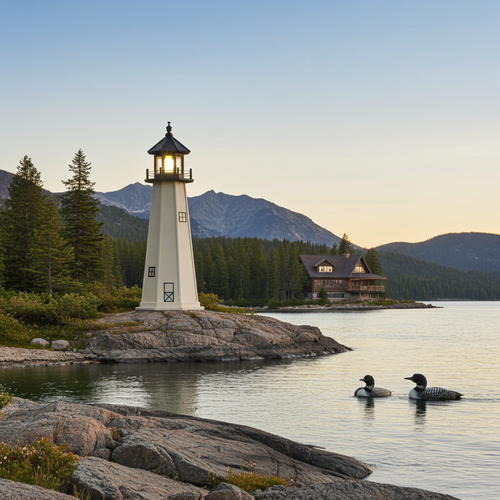 Amish made poly garden lighthouse in Split Rock, MN replica, pictured on mountain lake with loons.