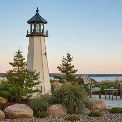 Amish made poly garden lighthouse in Split Rock, MN replica, pictured in backyard rock garden.