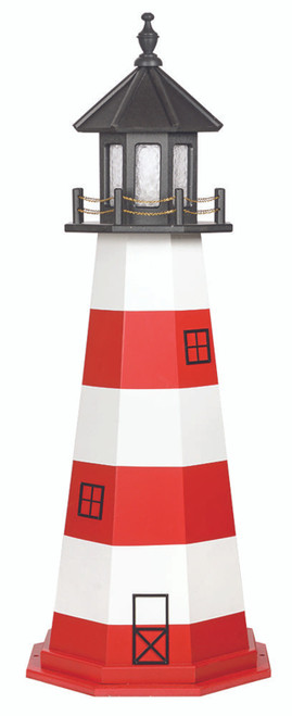 Amish crafted Assateague VA replica poly garden lighthouse, pictured in black, cardinal red, and white, 5 foot model.