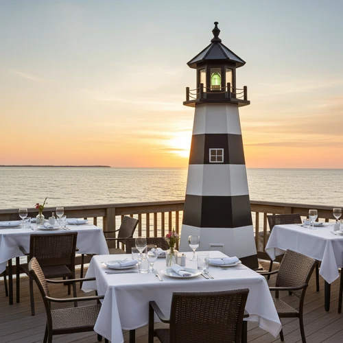 Amish made Cape Canaveral replica poly garden lighthouse pictured on restuarant deck overlooking the water.