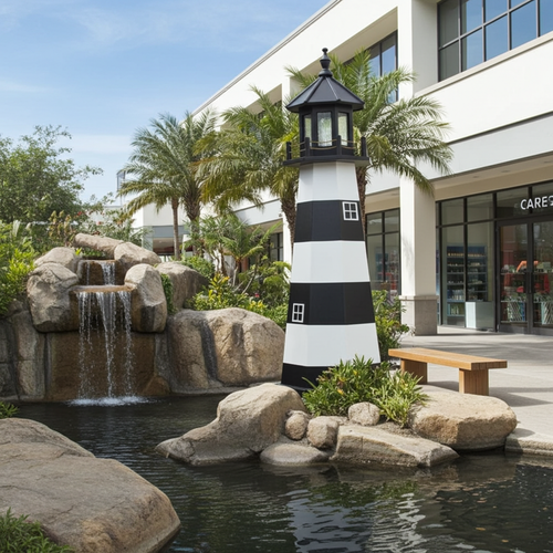 Amish made Cape Canaveral replica poly garden lighthouse pictured in corporate center courtyard.