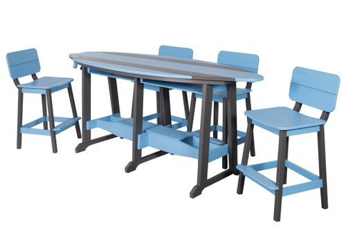 Surf-Aria Amish crafted surfboard style dining table in 8 foot lenght, pictured in powder blue and dark grey with stools.