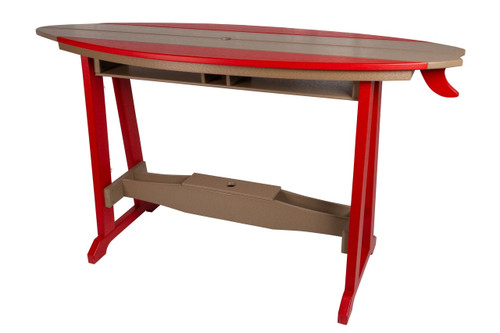 Surf-Aira surfboard style 6 foot outdoor dining table, poly construction, Amish crafted in cardinal red and weatherwood