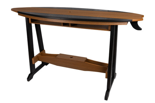 Surf-Aira surfboard style 6 foot outdoor dining table, poly construction, Amish crafted in mahogany and black.