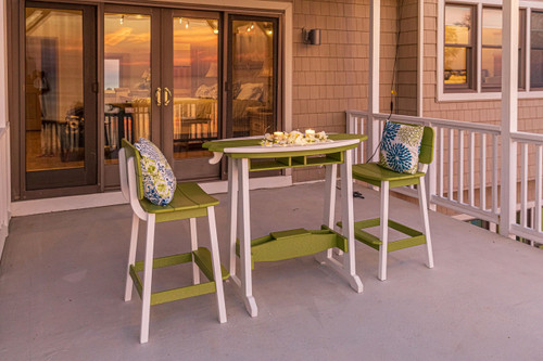 Surf-Aira Amish crafted poly outdoor bar table and chair set pictured in lime green and white on a patio