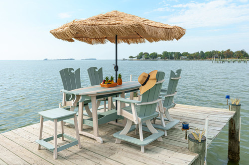 Amish made 8 foot poly dining table and chairs set in seashell and mint. Picture wit hSurf-Aira stools and OcenWavz chairs.