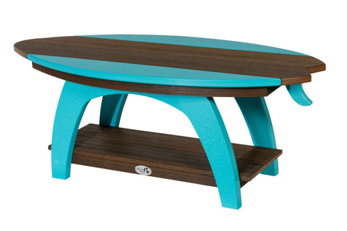 Amish crafted Surf-Aira poly coffee table pictured in aruba blue and brazilian walnut