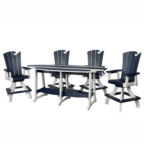 OceanWavz Amish crafted poly outdoor dining set with surfboard style table and 4 swivel chairs pictured patriot blue and white.