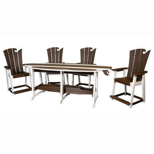 OceanWavz Amish crafted poly outdoor dining set with surfboard style table and 4 chairs pictured brazilian walnut and white.