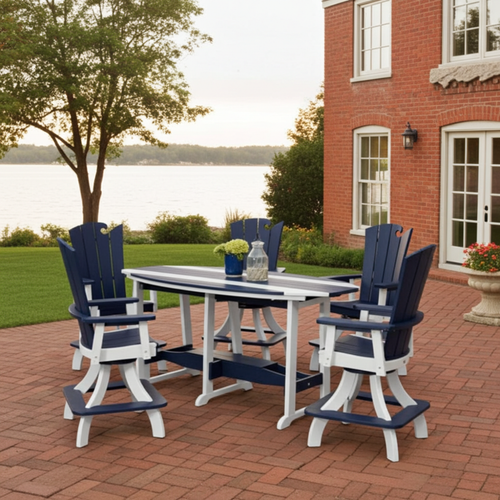 OceanWavz Amish crafted poly outdoor dining set with surfboard style table and chairs pictured on a brick patio