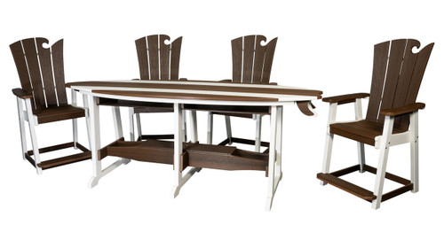 OceanWavz Amish crafted poly outdoor dining set with surfboard style table and 4 chairs pictured brazilian walnut and white.