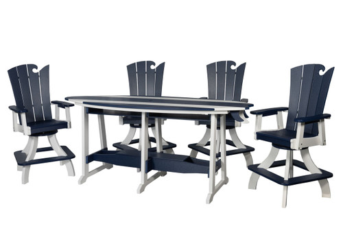 OceanWavz Amish crafted poly outdoor dining set with surfboard style table and 4 swivel chairs pictured patriot blue and white.