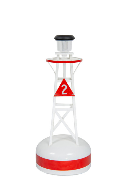 Amish crafted nautical lawn decor, ornamental buoy in white with red trim.