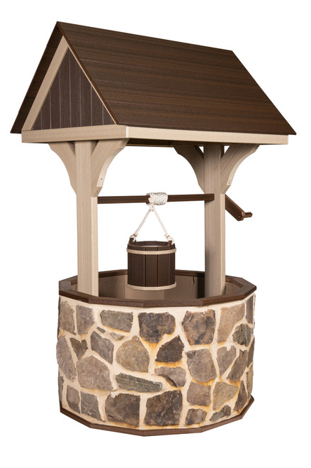 Amish handcrafted stone and poly wishing well, size jumbo, birchwood frame with brazilian walnut, brown stone with tan grout.