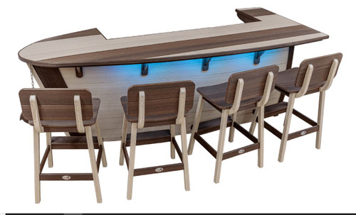 Amish crafted poly outdoor furniture, bar table island, in birchwood and brazilian walnut, front view with 4 bar stools.