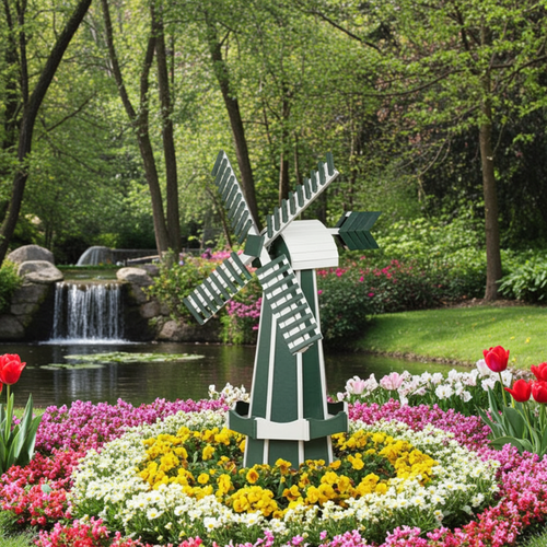 Amish crafted poly windmill pictured in flower bed with water fall and trees in background.