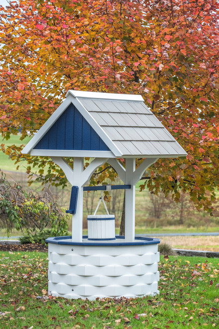 Amish handcrafted jumbo poly wishing well in white nad bright blue with cedar shake roof