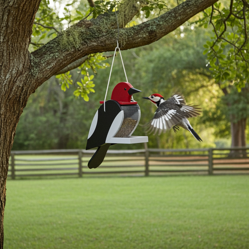Maintenance free, all-weather poly bird feeder in woodpecker design, pictured hanging from tree in backyard.