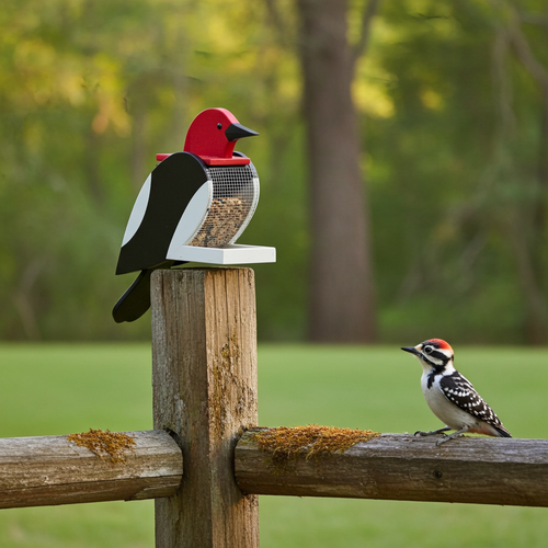 Maintenance free, all-weather poly bird feeder in woodpecker design, pictured on fence post with woodpecker perched on fence rail.