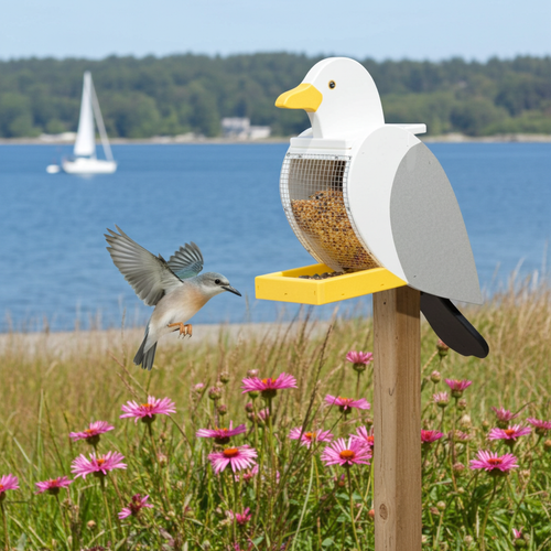 All-Weather poly bird feeder in seagull shape, Amish made in the USA, pictured in ocean front flower bed