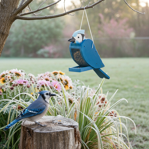 Blue jay shaped wood bird feeder, amish made in the USA. Pictured in backyard on a frosty morning