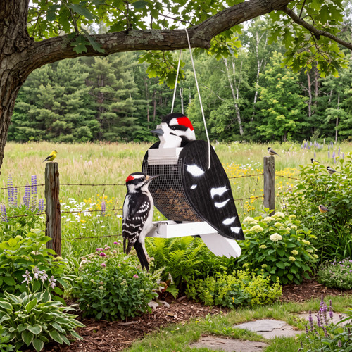Amish crafted wood bird feeder in downy woodpecker design, pictured in backyard meadow scene