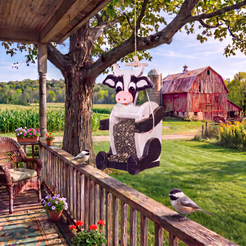 Cow shaped wood bird feeder on farmhouse porch