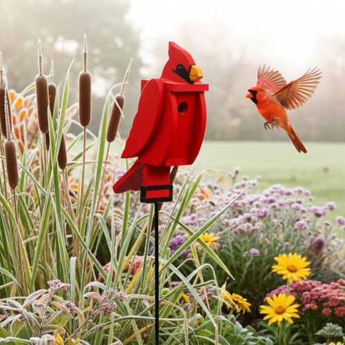 Amish made wood bird shaped birdhouse in cardinal design, pictured in fall flower bed on frosty morning.