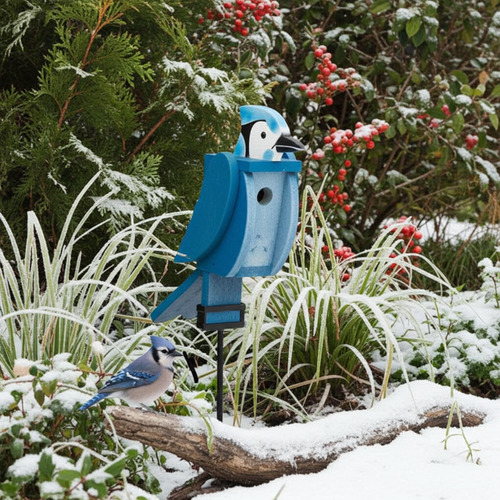 Wood bird shaped birdhouse in blue jay design, Amish crafted in the USA. Pictured in winter flower bed.